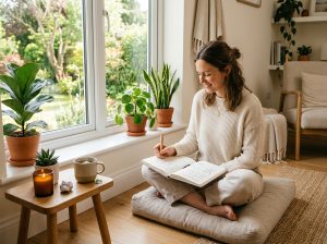 Person journaling beside window 202606021454