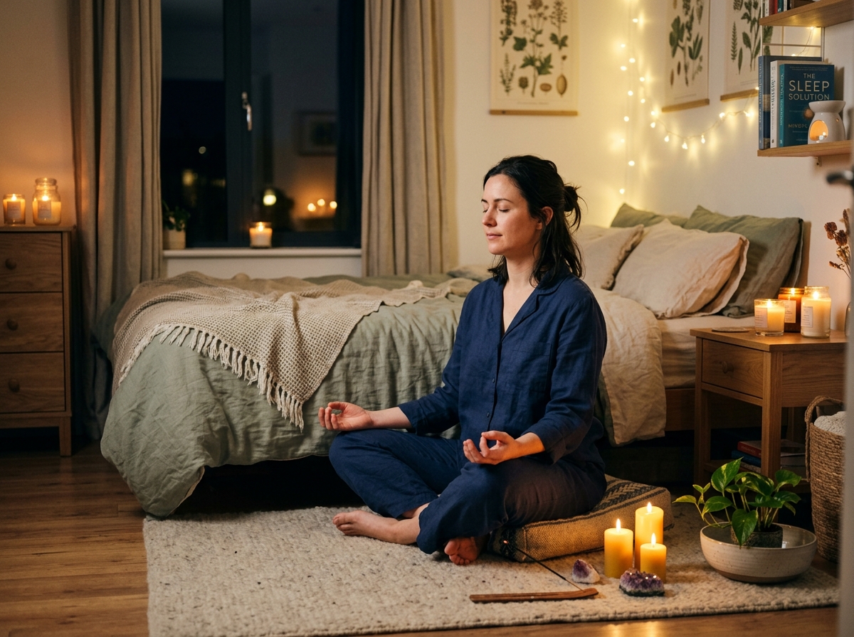 Person practicing meditation bed… 202606051050