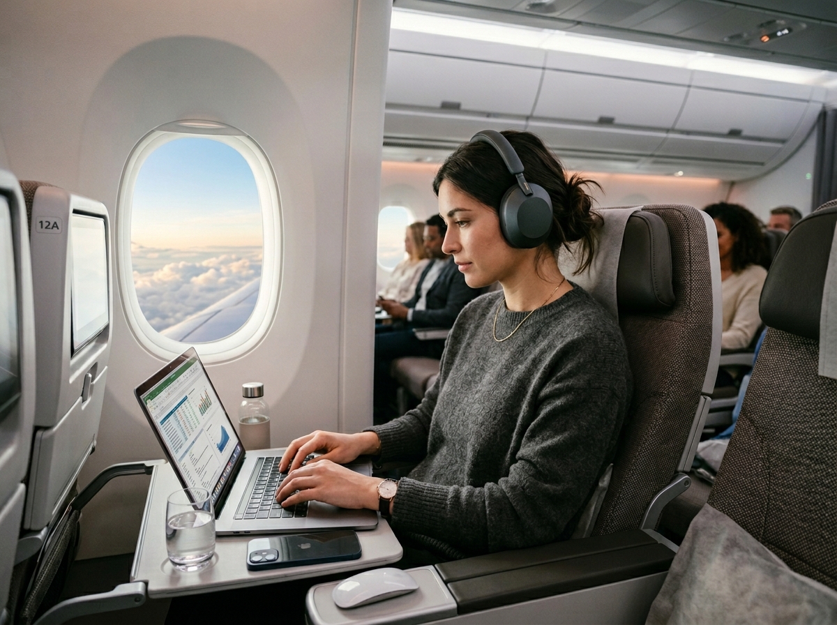 Traveler working on laptop flight 202606042219