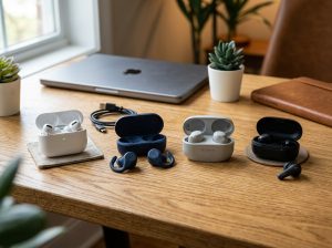 Wireless earbuds on wooden desk 202606031906